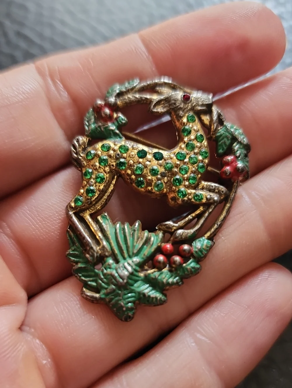 Vintage Green Crystal Reindeer Brooch